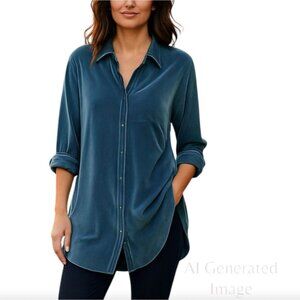 NEW Soft Surroundings Womens Velvet Boyfriend Tunic Shirt Teal Plus Size 2X